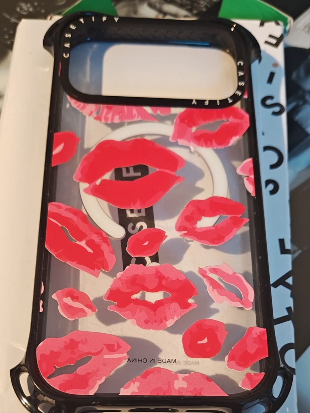case-mate Clear Phone Case with Pink Kiss Lip Print and Black Trim